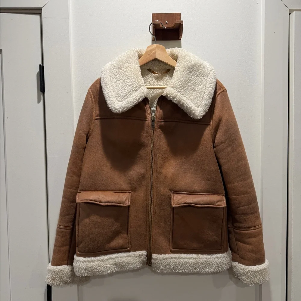 Boden Brown Shearling Collar Bomber Jacket - Picture 4 of 8